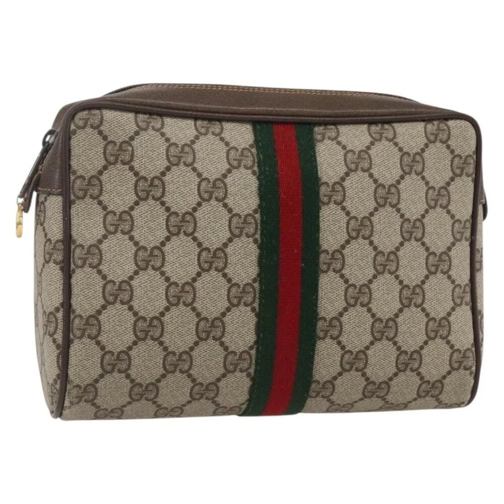 GUCCI GG Supreme Web Sherry Line Clutch Bag PVC Beige Gold